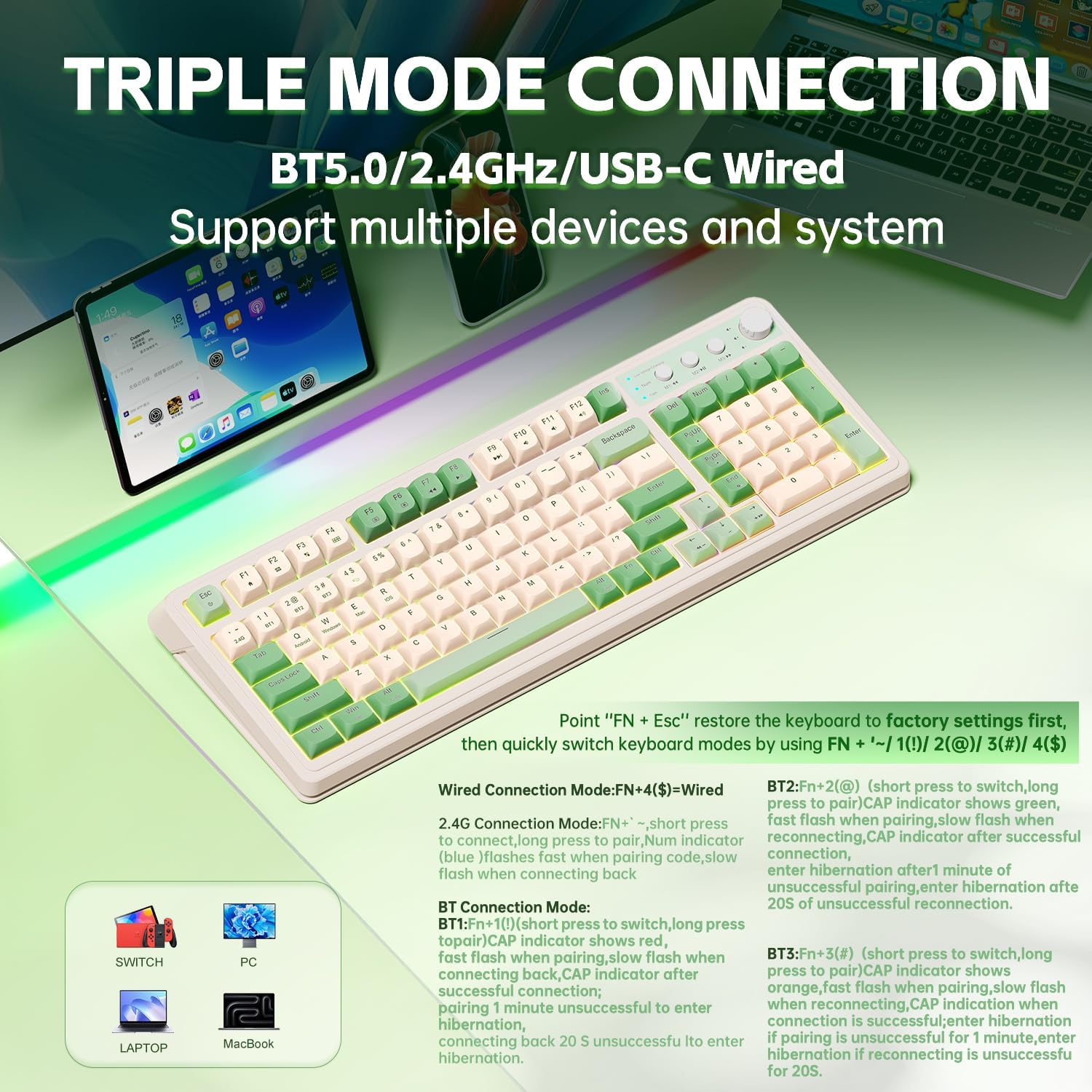 AULA S99 Gaming Keyboard, Wireless Green Creamy Computer Keyboards | Tri-Mode Bluetooth/2.4GHz/USB-C Membrane Keyboard with Number Pad,99Keys,RGB Backlit,Programmable,Creamy Silicone Structure - Image 3