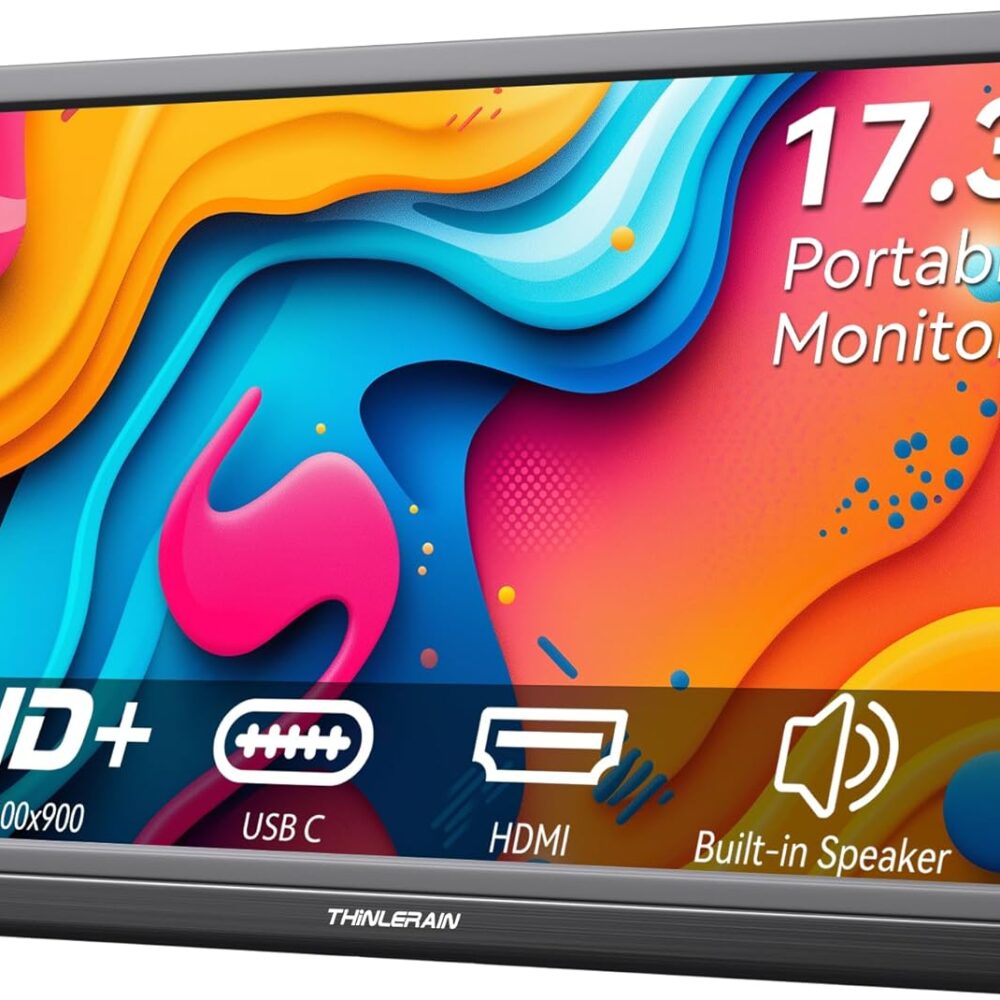 Thinlerian 17.3 Inch Portable Monitor 1600x900 HD Resolution with USB-C HDMI Dual Speakers, External Display Second Screen for Laptop PC Phone, Travel, Office
