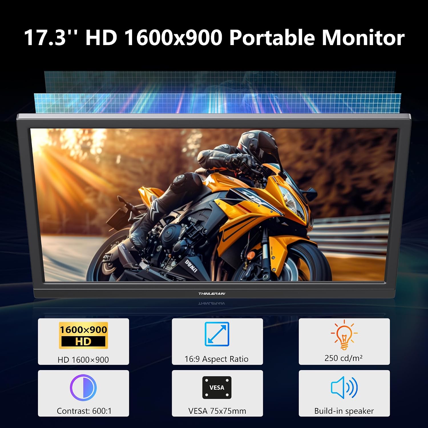 Thinlerian 17.3 Inch Portable Monitor 1600x900 HD Resolution with USB-C HDMI Dual Speakers, External Display Second Screen for Laptop PC Phone, Travel, Office - Image 2