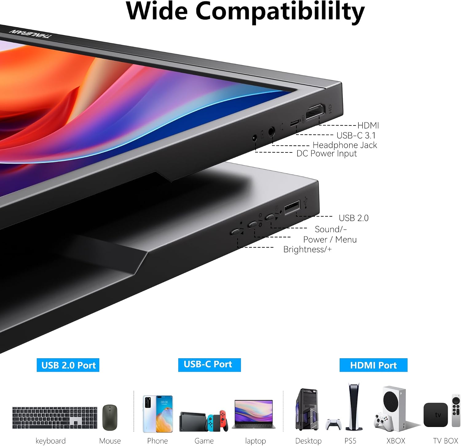 Thinlerian 17.3 Inch Portable Monitor 1600x900 HD Resolution with USB-C HDMI Dual Speakers, External Display Second Screen for Laptop PC Phone, Travel, Office - Image 3