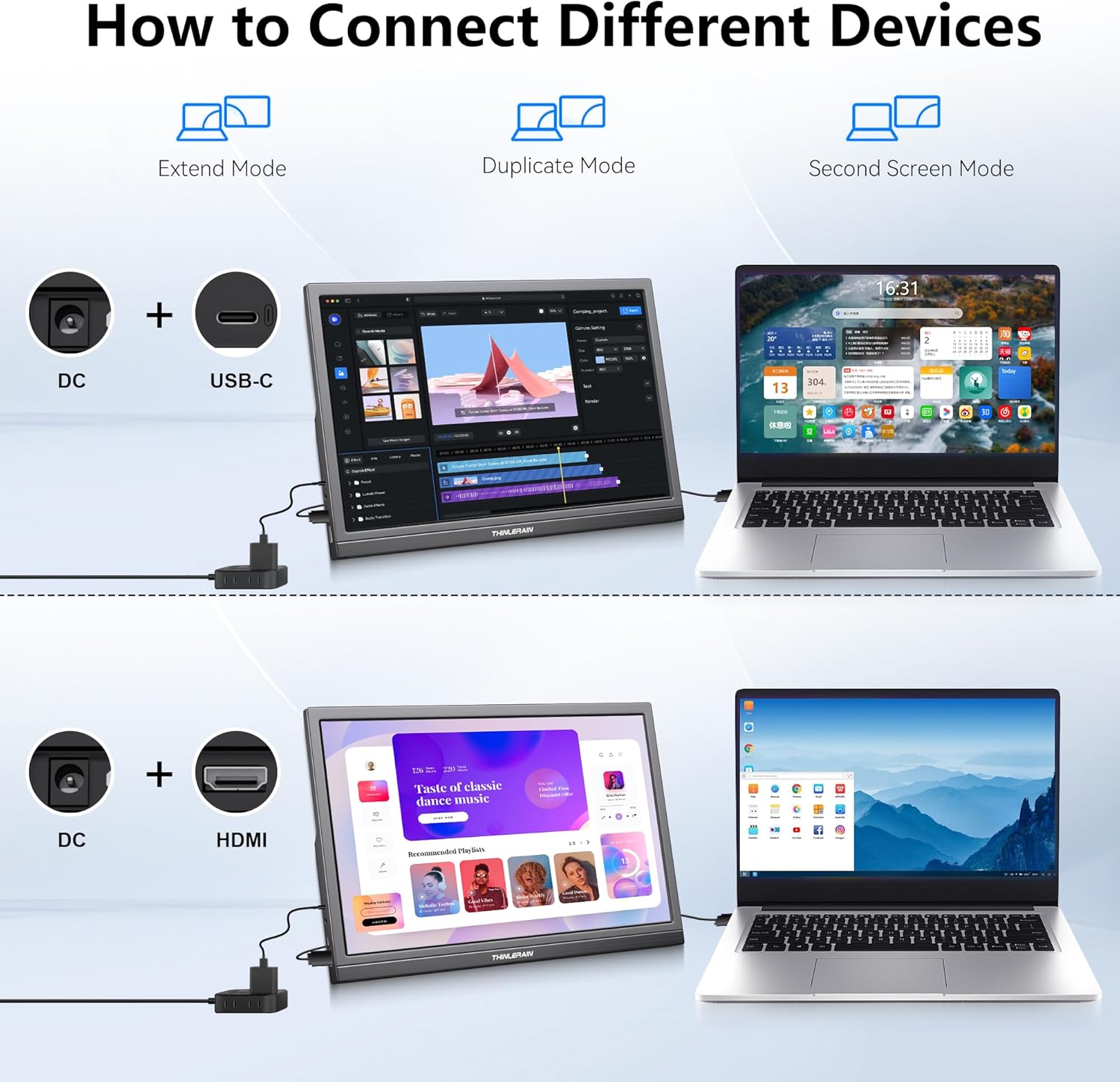 Thinlerian 17.3 Inch Portable Monitor 1600x900 HD Resolution with USB-C HDMI Dual Speakers, External Display Second Screen for Laptop PC Phone, Travel, Office - Image 4