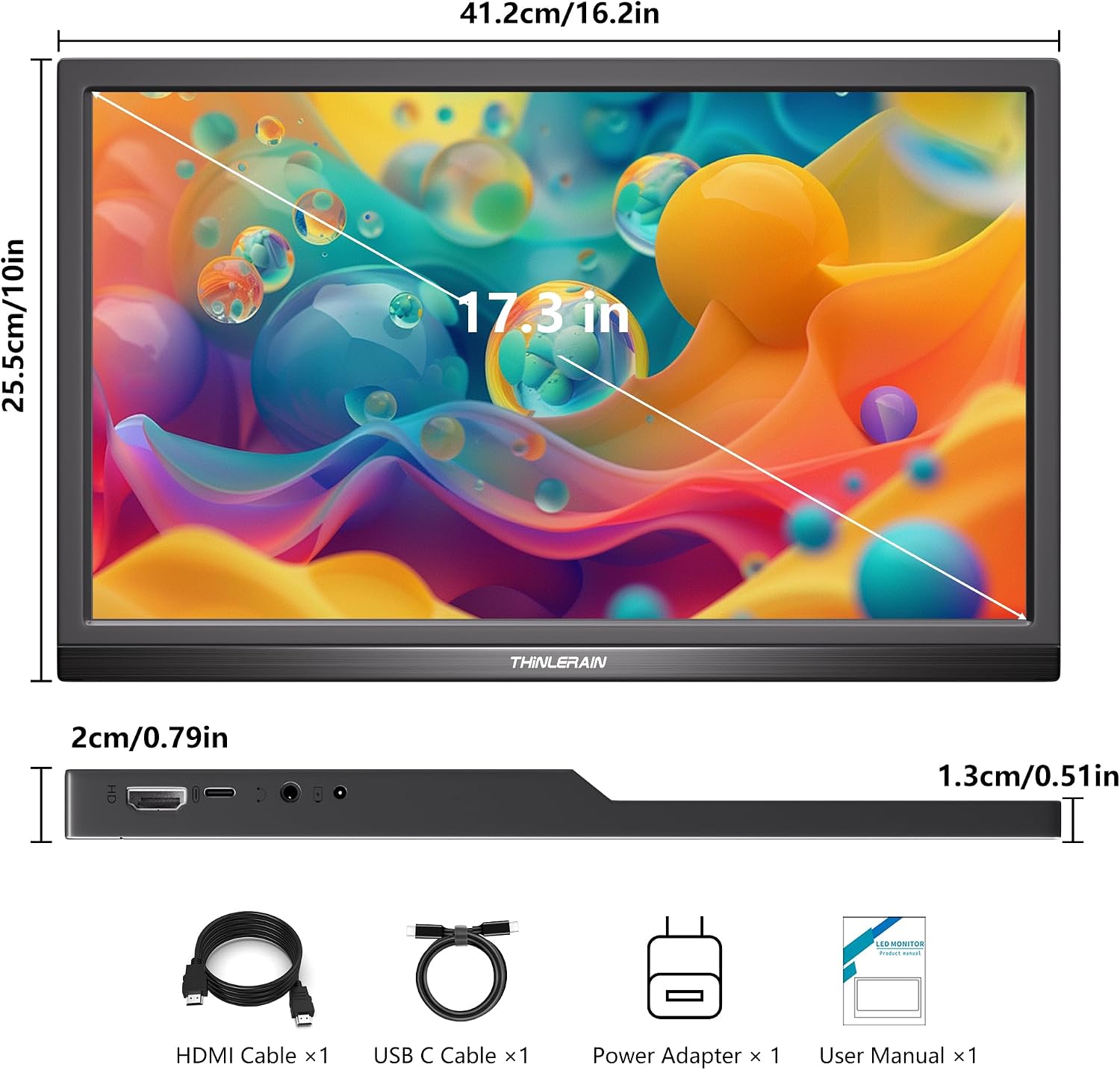 Thinlerian 17.3 Inch Portable Monitor 1600x900 HD Resolution with USB-C HDMI Dual Speakers, External Display Second Screen for Laptop PC Phone, Travel, Office - Image 7